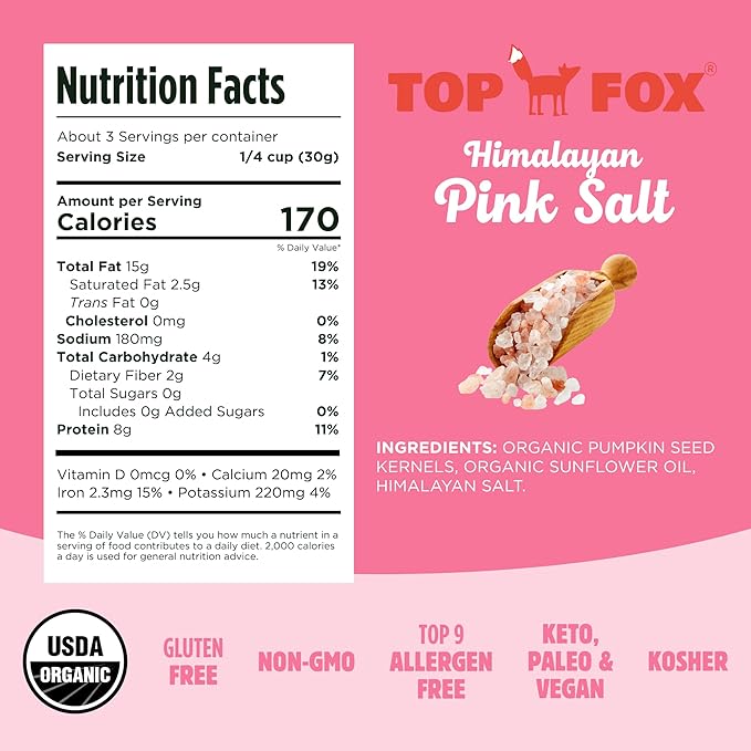 Top Fox Snacks Pumpkin Seeds to Eat (Himalayan Pink Salt, 5.5 oz – 2 Pack) - Gluten Free Snacks, Protein Snacks, Keto Friendly Snacks, Allergen Free Snacks, Paleo & Vegan - Organic Pop-Roasted