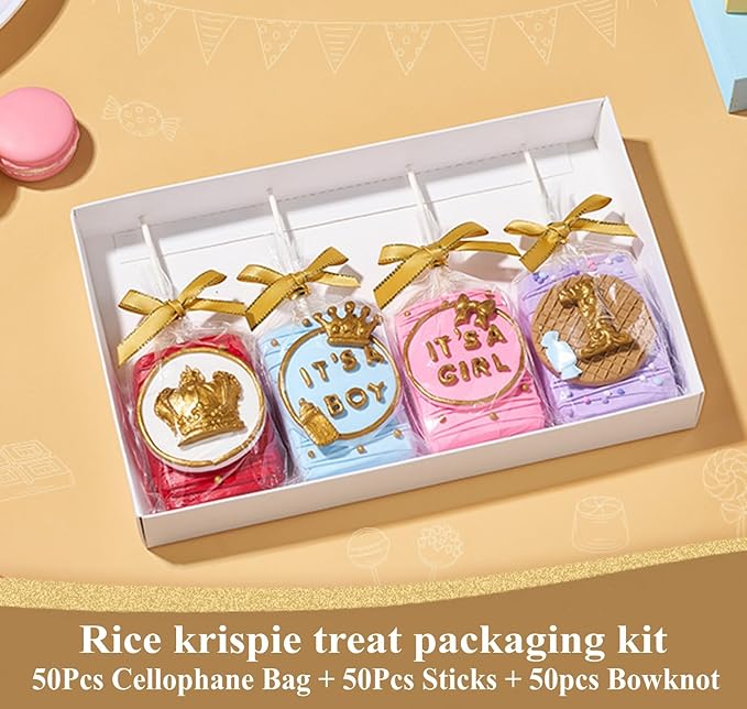 RomanticBaking 50 Sets Clear Rice Krispie Treat Bags with Gold Ribbon Bow and Stick & Flat Cellophane Clear Bags for Rice Krispie Treats Gift Giving Bag(Gold)