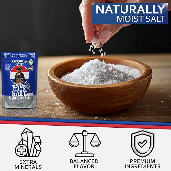 Napoleon's Celtic Organic 82 Minerals Sea Salt Coarse, 1.0lb Resealable Bag, French Sea Salt, Grey Salt, Naturally Moist, Hand Harvested, Unrefined Mineral Salt, 100% Natural (1.0lb Grey Coarse) Pack of 1