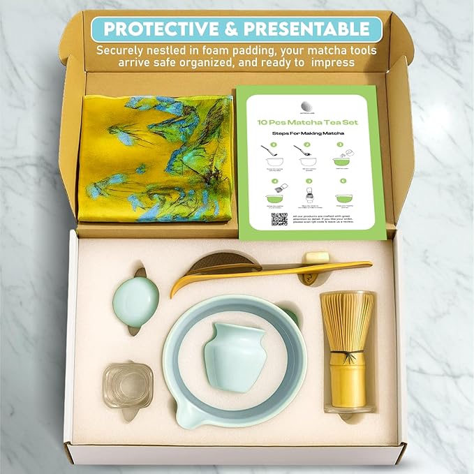 10 Pcs Matcha Kit Set, Ceramic Matcha Set Includes 17oz Matcha Bowl, Bamboo Whisk and Scoop, Whisk Holder, Sifter, Scoop holder, Measuring Cup, Powder Caddy, Tea Towel and Instruction Manual (Blue)