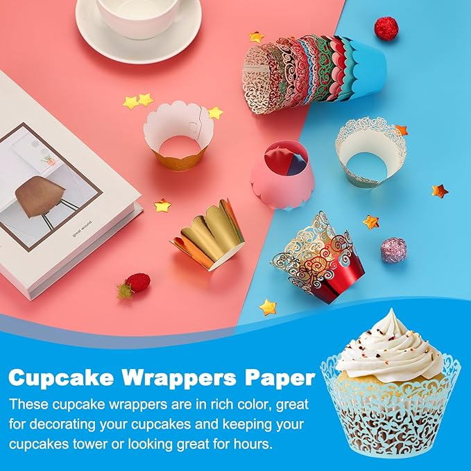 PATIKIL Cupcake Wrappers Paper, 50 Pack Baking Cups Standard Vine Decoration for Anniversary Birthday Weddings and Parties, Light Blue