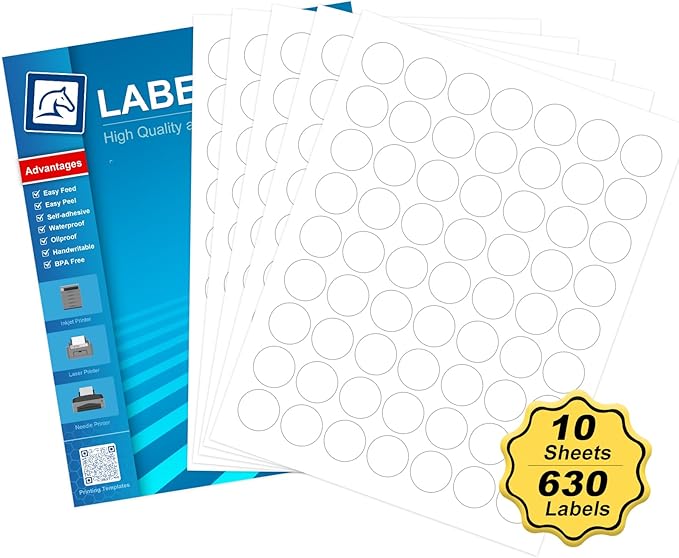 1" Round Sticker Labels for Laser/Ink Jet Printers, White Printable Sheets, Circle Sticker Labels, 10 Sheet （HB-C063）