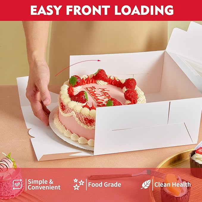 3 Pack Cake Boxes, 10x10x5 Inches Cake Boxes with Boards, White Square Bakery Boxes with Window, Disposable Cake Containers with Lids for Pastry Pie Cookies Chocolates Wedding Birthday Party
