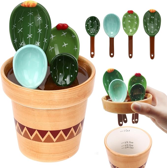 5 Pieces Measuring Spoons Set/Ceramics Spoons and Measuring Base Cup/for Dry and Liquid Ingredient, Cute Cactus Shape (Wave base)
