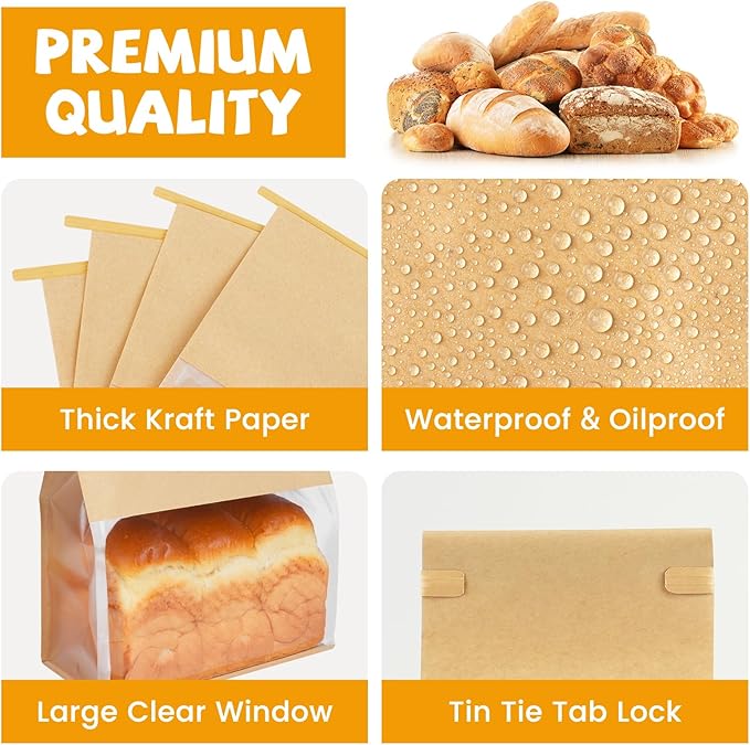 50 Pack Bread Bags with Tabs for Homemade Sourdough Bread, 8.7x4.3x11 Inches Tin Tie Tab Lock Large Paper Bakery Packaging Bags with Window for Gifting & Bake Sale