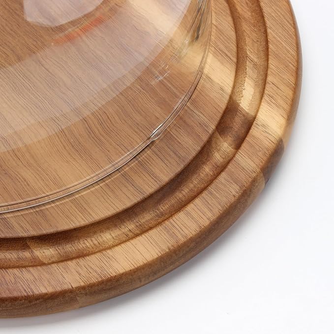8.6''Cake Stand with Glass Dome, 2-in-1 Acacia Wood Cheese Cupcake Decorative Tray, Glass Dome with Base, 6.6" Cake Fruit Display Server Platter for Kitchen, Party, Appetizer (Wood 8.6 inch)