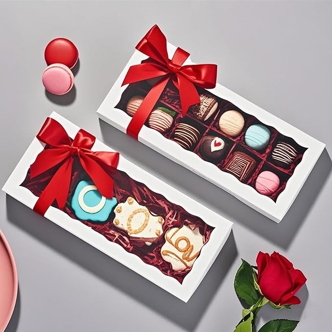 50pcs 12x5x1.5Inches White Bakery Boxes with Window Cookies Boxes Chocolate Truffle Boxes Macaron Boxes Cakesickle Boxes Browines Treat Boxes for Christmas Valentine's Easter Mother's Day