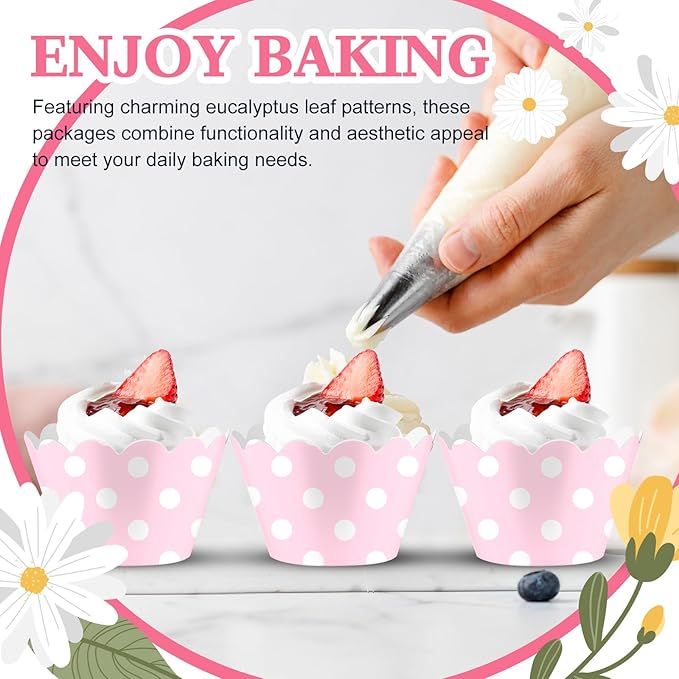 Domensi 100 Pcs Pink Polka Dots Cupcake Wrappers Rustic Cupcake Liners Baking Cups Baking Liners for Wedding Bridal Baby Shower Birthday Breast Cancer Awareness Party Supplies Dessert Decoration