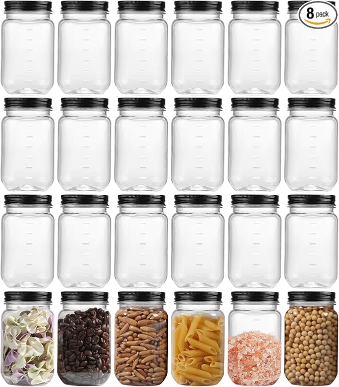 novelinks Plastic Jars With Lids 24Pcs 16 oz Plastic Mason Jars Food Storage Reusable Empty Storage Containers(Black, 24 Pack 16 Ounce)