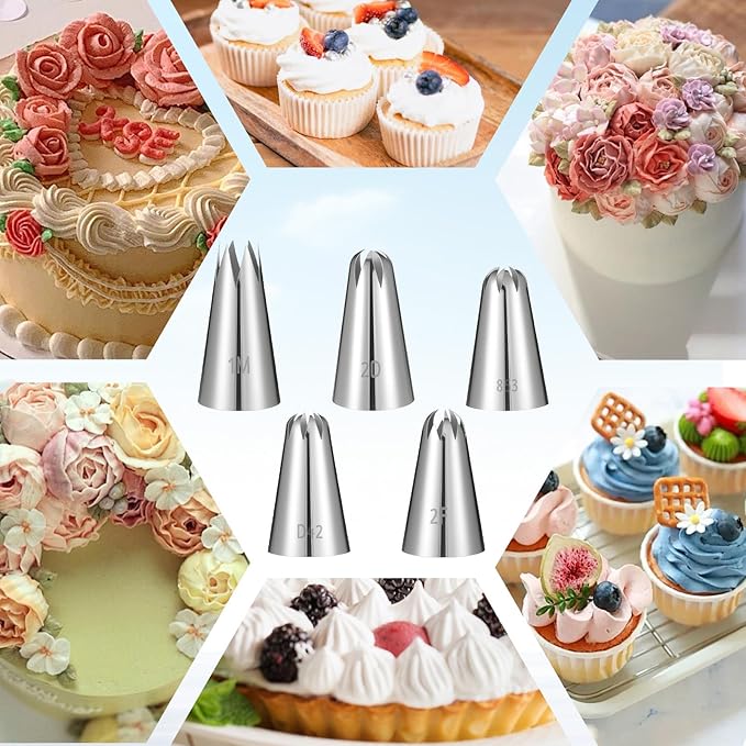 5 Pcs Piping Tip, Stainless Steel Icing Tips Wilton Piping Tips Set Cake Decorating Kit Baking Tools for Buttercream Icing Birthday Cupcake DIY Art