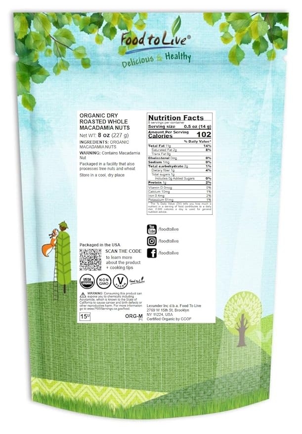 Food to Live Organic Dry Roasted Whole Macadamia Nuts, 8 Ounces – Unsalted, Delicious and Nutritious Snack Made from Premium Non-GMO Nuts, Perfect for Keto and Paleo Diet. Rich Butter Flavor. Kosher