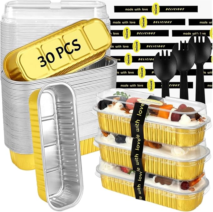 Mini Loaf Pans with Lids and Spoons Sealing Sticker,30 Pcs 6.8oz Cake Pans for Baking Disposable Aluminum Foil Christmas Cake Pan (30 PCS GOLD)
