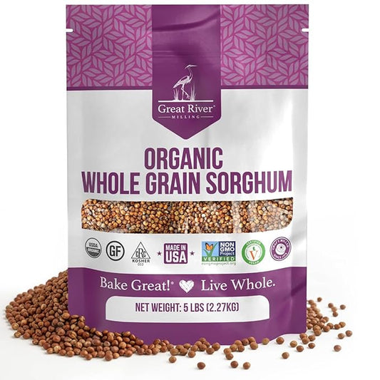 Great River Organic Milling Organic Whole Grain Sorghum | High-Protein Ancient Grain | Non-GMO, Kosher Certified | Ideal for Salads, Pilaf, Porridge, Baking & More | 5 Lb