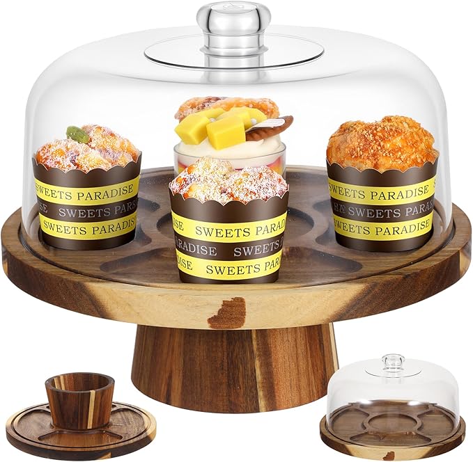 Acacia Wood Cake Stand With Lid, 12 Inch Wooden Cake Stand with Acrylic Dome Vintage Cakes Display Holder Versatile Dessert Table Display & Charcuterie Board for Wedding Birthday Party