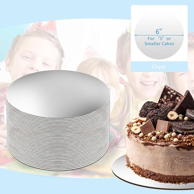 JCD Sliver Cake Boards 6 inch Round, 40 Packs Food-Graded Cardboard Cake Rounds, Waterproof and Oil-Proof Cake Plates, Sturdy Corrugated Cake Base, Ideal for Baking, Cake DIY(Sliver, 6inch/40Pcs)