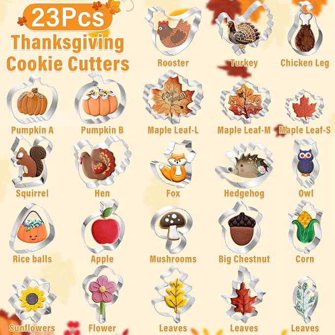 Lezmarket 23Pcs Fall Thanksgiving Cookie Cutters Set, Holiday Cookie Cutters Stainless Steel Baking Supplies for Thanksgiving Cookie Sandwich - Pumpkin Maple Leaf Flower Squirrel Turkey Corn Rooster