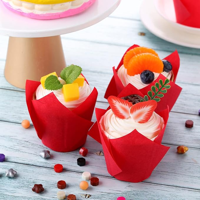 Jutom 200 Pack Tulip Cupcake Liners Paper Baking Cups Greaseproof Muffin Liners Grease Resistant Cupcake Wrappers for Weddings Birthday Cake Balls Muffins Candy Jelly Party(Red)