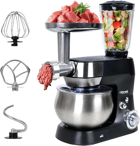 6-in-1 Multifunctional Stand Mixer, 5.3Qt 660W, 6-Speed Tilt-head, Electric Kitchen Mixer with Stainless Steel Bowl,Meat Grinder, Juice Blender (Black)