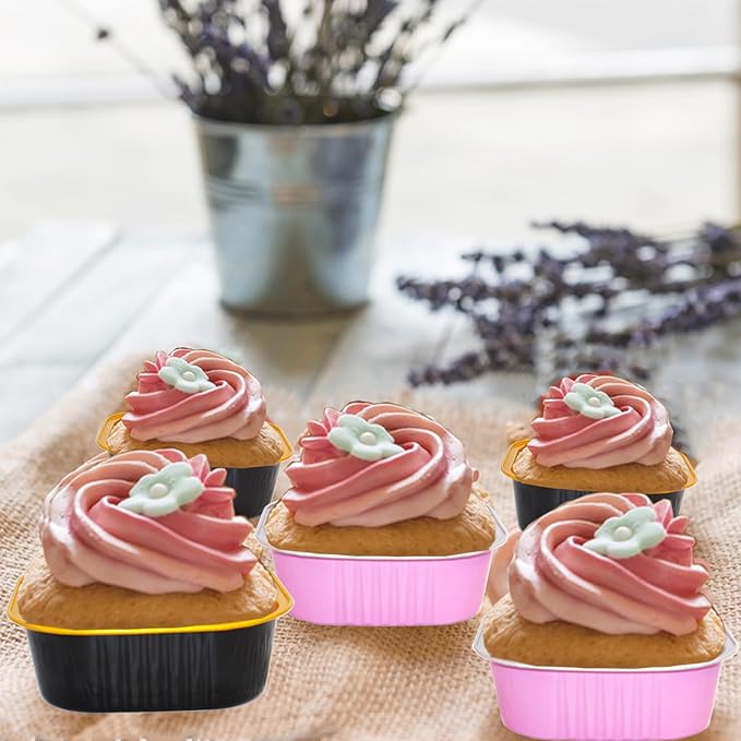 5oz Mini Cake Pans With Lids 50 Pack Aluminum Foil Square Brownie Baking Cups,Disposable Loaf Pans With Lids and Spoons Ribbon,Cupcake Pans Muffin Cake Tins Cake Container(Black)