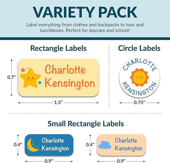 Personalized Waterproof Name Labels for Kids | Optional Packs 50, 150, 230 Labels | Custom Name Stickers for Kids' Clothing Tag, Water Bottle, Lunch Box, Customize Kid Name Label for Daycare Sky