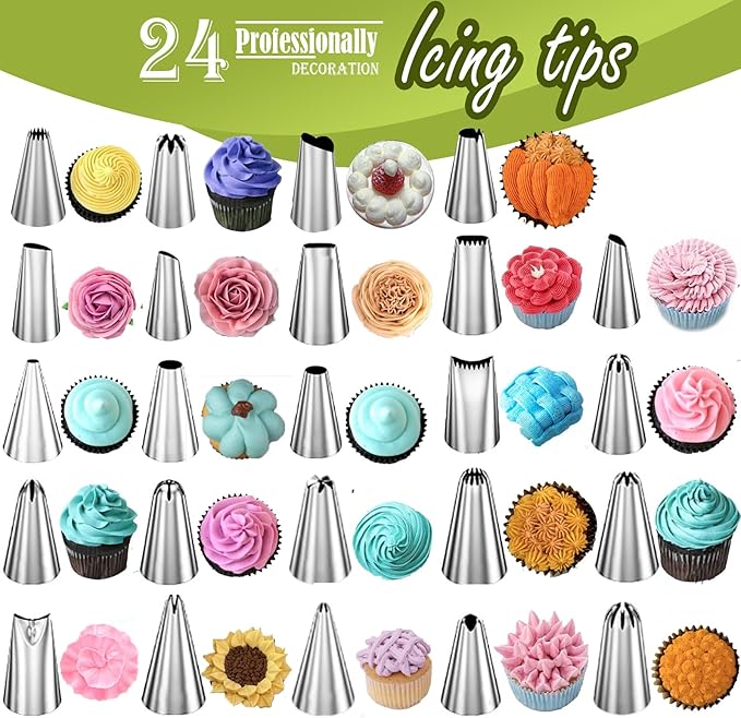 FANTEXY Piping Bags and Tips Set，29 Pieces Cake Decorating Supplies Kits with 24 Icing Tips, 1 Couplers, 1 Reusable Pastry Bag and 3 Scrapers, Piping Bag Tips for Cookie, Cupcake Decorating Kit
