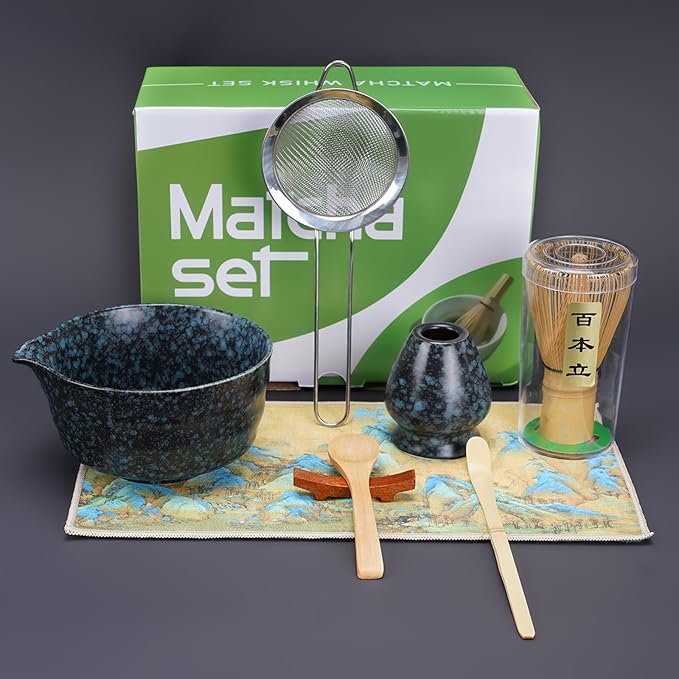 Matcha Whisk Set, 8pcs Matcha Set Ceremonial Grade Macha Kit Includes Bowl with Spout/Chashen Holder/Bamboo Whisk/Bamboo Scoop/Spoon/Sifter, Ideal Gift for Macha Lovers to Enjoy Making Tea