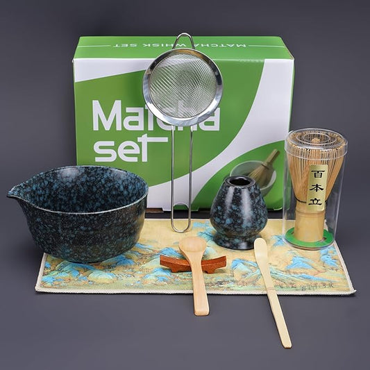Matcha Whisk Set, 8pcs Matcha Set Ceremonial Grade Macha Kit Includes Bowl with Spout/Chashen Holder/Bamboo Whisk/Bamboo Scoop/Spoon/Sifter, Ideal Gift for Macha Lovers to Enjoy Making Tea