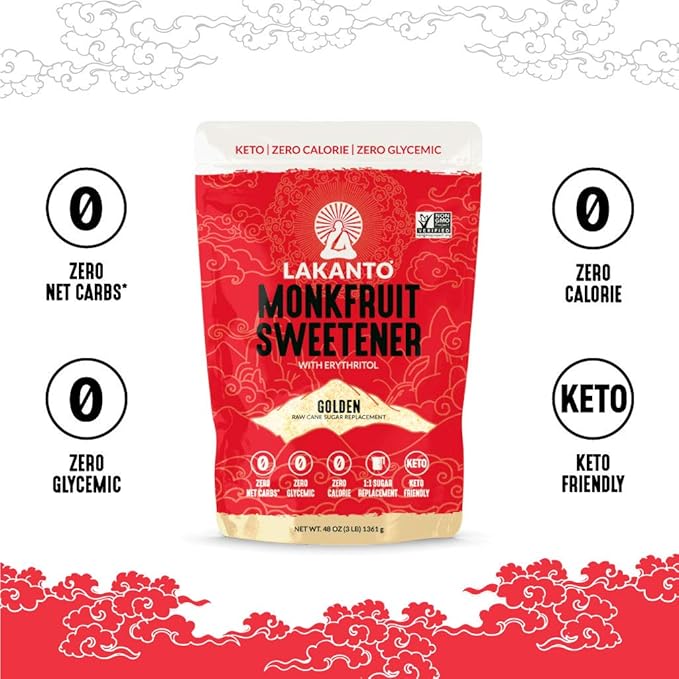 Lakanto Golden Monk Fruit Sweetener with Erythritol - Raw Cane Sugar Substitute, Zero Calorie, Keto Diet Friendly, Zero Net Carbs, Coffee, Tea, Baking, Extract, Sugar Replacement (Golden - 5 lb)