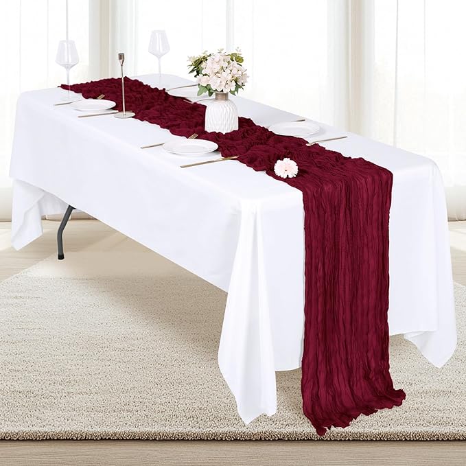 6 Pack Burgundy Cheesecloth Table Runner 17x108 Inch Semi Sheer Boho Gauze Cheese Cloth Fabric Table Runners, for Wedding Party Baby Shower Birthday Home Decor Garden Farmhouse