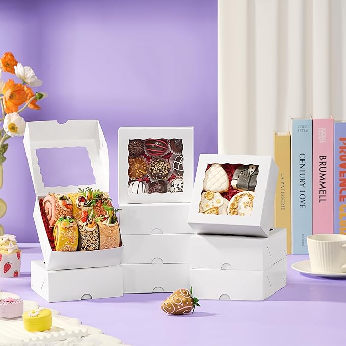 20 Pack Bakery Boxes 5x5x2 Inches Chocolate Covered Strawberries Boxes for 4 Mini Cake Boxes Cookies Macaron Boxes Pie Boxes Browines boxes