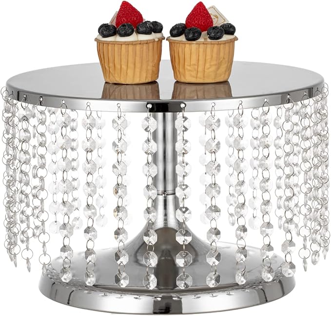 LANLONG Cake Stand for Dessert Table 12 Inch Silver Crystal Pendants Metal Cake Stand Serves as A Round Dessert Cupcake Display Plate for Table, Wedding, Party, Event