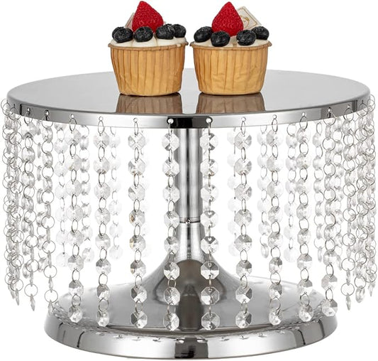 LANLONG Cake Stand for Dessert Table 12 Inch Silver Crystal Pendants Metal Cake Stand Serves as A Round Dessert Cupcake Display Plate for Table, Wedding, Party, Event