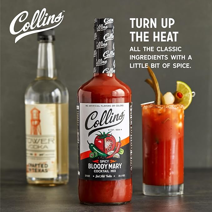 Collins Spicy Bloody Mary Mix, Brunch Cocktail Recipe, Bartender Mixer, Drinking Gifts, Home Cocktail bar, Set of 6 32 fl oz Bottles
