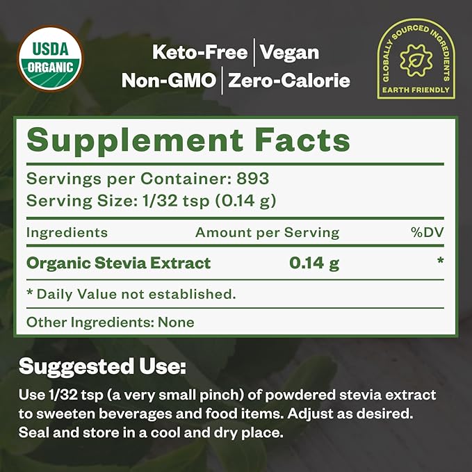 Organic Stevia Concentrated Powder, 125g, Organic Pure Stevia Powder, No Fillers, No Artificial Sweeteners, No Aftertaste, Zero Calorie Stevia Sweetener, Stevia Sugar Substitute, 4.4 oz, 846 Servings