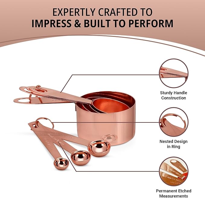 Copper Measuring Cups and Spoons Stainless Steel 9 pieces with 2 Rings