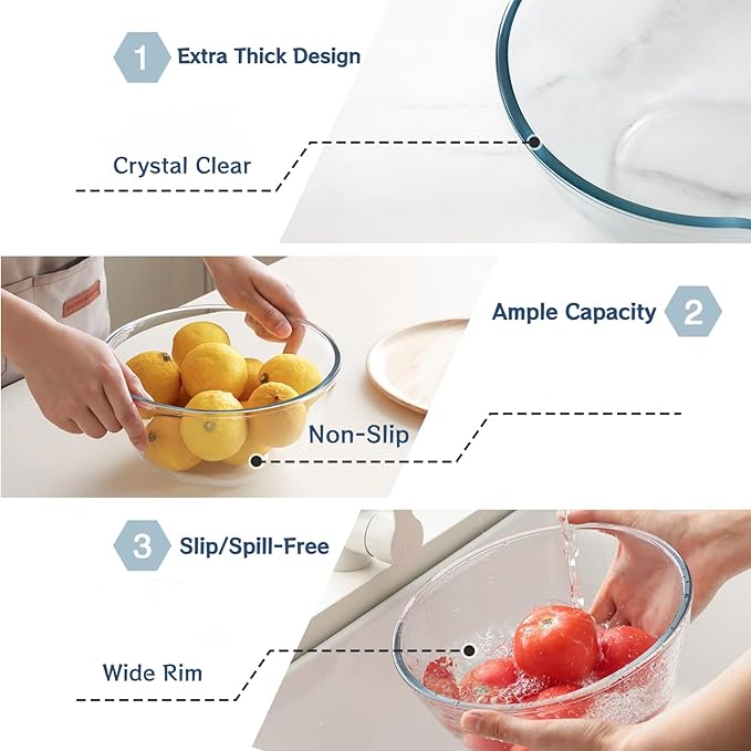 4pc Glass Mixing Bowls Sets (2.80QT, 1.64QT, 1.16QT, 0.85QT), Nesting Mixing Bowls for Cooking Prep, Baking, Storage, Large Salad Bowls Sets-Dishwasher Microwave Freezer Safe