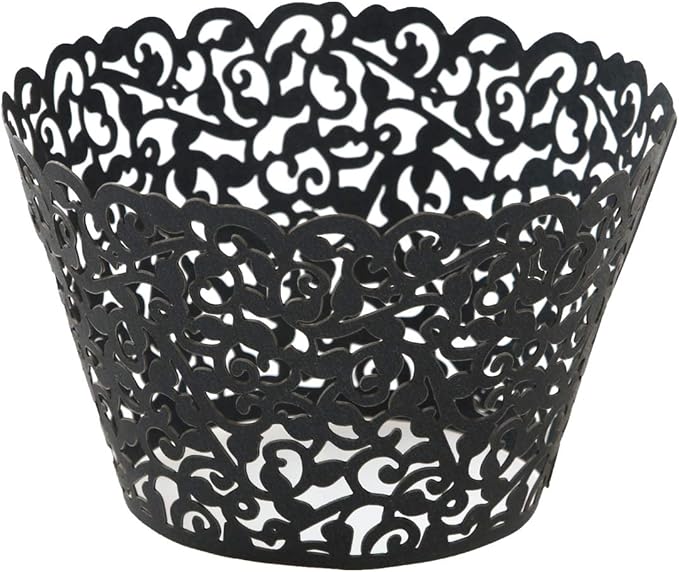 KPOSIYA Pack of 120 Cupcake Wrappers Artistic Bake Cake Paper Cups Vine Designed Laser Cut Cupcake Wraps Baking Cup Muffin Case Trays for Wedding Baby Shower Party Birthday Decoration (120, Black)