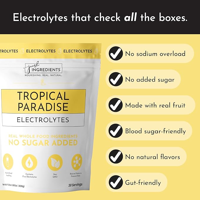 JUST INGREDIENTS Tropical Paradise Electrolytes Drink Mix - Coconut Water, Sea Salt, Trace Minerals - 30 Servings