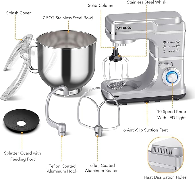 7.5 QT Stand Mixer, 10-Speed Tilt-Head Electric Dough Mixer with Stainless Steel Bowl, Includes Dough Hook, Wire Whisk, and Beater, with Splash Guard for Home Cooks, Silver
