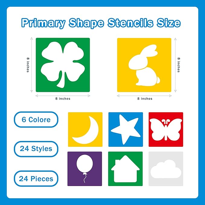 24 Pieces Stencils,Large Drawing Stencils Chalk Template,8 Inches Washable Shape Template Kit for Crafts,Painting Drawing (Primary, 8 inch)