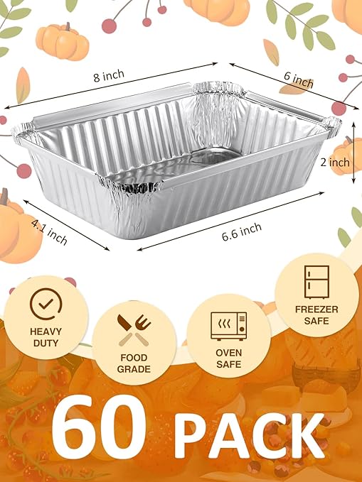 60 Pack 8x6 Disposable Aluminum Pans Aluminum-Foil-Pans-Tin-Foil-Baking-Pans-Tin-Trays-Food-Containers-for-Meal-Prep-Cooking-Roasting-Heating