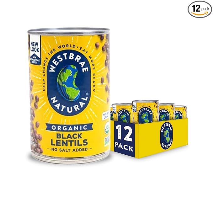 WESTBRAE 15 oz Natural Organic Black Lentils, No Salt Added, Source of Plant Based Protein and Fiber, Low Fat, Gluten Free, (Pack of 12)