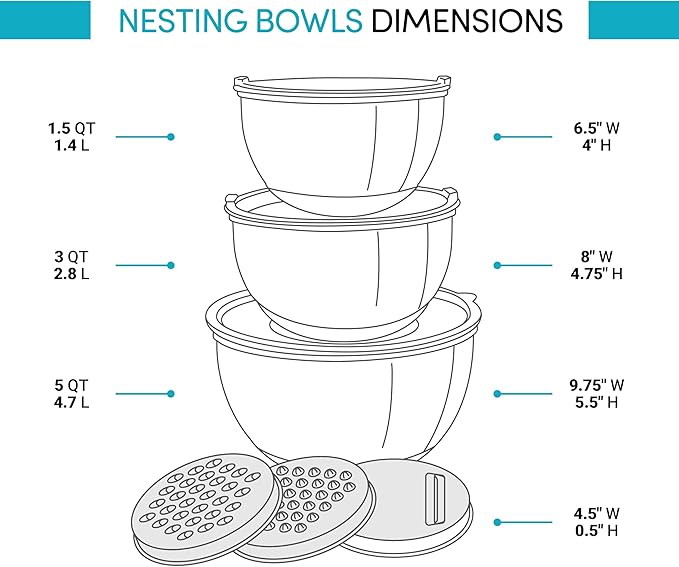 Belwares Mixing Bowls with Lids Set - Nesting Bowls with Graters, Handle, Pour Spout, Airtight Lids - Stainless Steel Non-Slip Mixing Bowl for Cooking, Baking, Prepping, Food Storage (Set of 3)