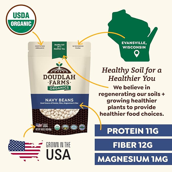 Organic Navy Beans 5 lb - Non-GMO, USDA Organic, Tested Clean Certified, Vegan - Rich in Fiber & Protein for Soups, Burritos, Salads & Chili - Grown In USA, Farmed From Regenerative Soil by Doudlah Farms