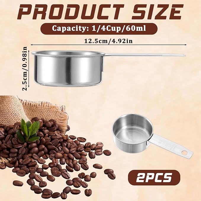 2 Pcs Stainless Steel Measuring Cup, 60 ml 2 oz 1/4 Inch Cup Scoop Stainless Steel Measuring Cups Metal Coffee Scoop Cat Food Scoops for Wet and Dry Ingredients Cooking Baking Kitchen, Dishwasher Safe