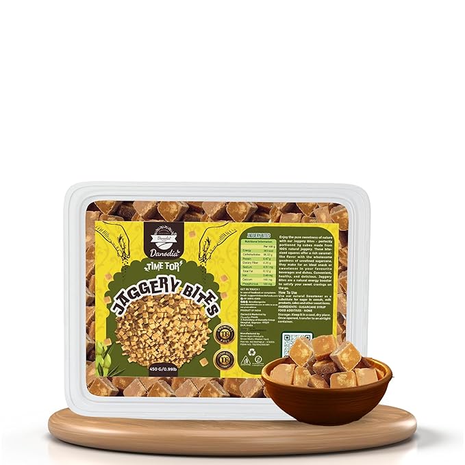 Danodia Foods Organic Snackable Jaggery Bites 1 lb (450g), Pure & Natural, No Additives Sweetener, Vegan & Gluten-Free, Nutrient-Rich Alternative to Refined Sugar for Tea & Coffee, Indian Origin