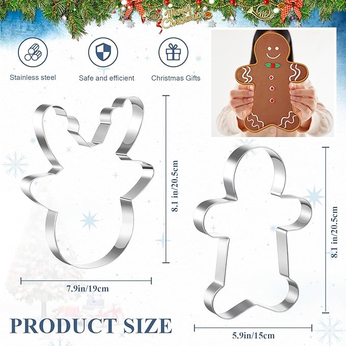2 Pcs Large Christmas Cookie Cutters 8" Extra Large Gingerbread Man and Reindeer Face Stainless Steel Giant Cookie Cutter for Christmas Xmas Holiday Baking