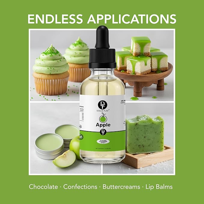 Dolce Flav Apple Extract – 2 Ounce Oil-Soluble Kosher, Sugar-Free, Concentrated Crisp Apple Flavoring for Baking, Chocolates & Desserts, Includes Measured Dropper