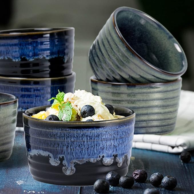 UNICASA Ramekin Set of 2, UNICASA 8 oz Creme Brulee Ramekins, Oven Safe Baking Set for Custard, Pudding, Souffle Cups, Reactive Blue