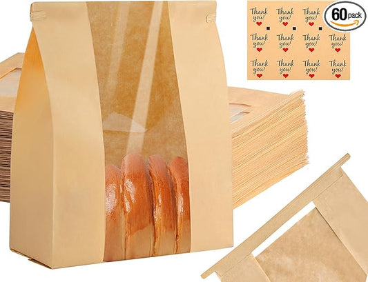 60 Pack Brown Paper Bread Bags, 14" x 8.3" x 3.5", Disposable, Tin Strap Buckle Lock, Clear Front Window, Label Seal Stickers, Suitable for Bread, Cookies, Treats